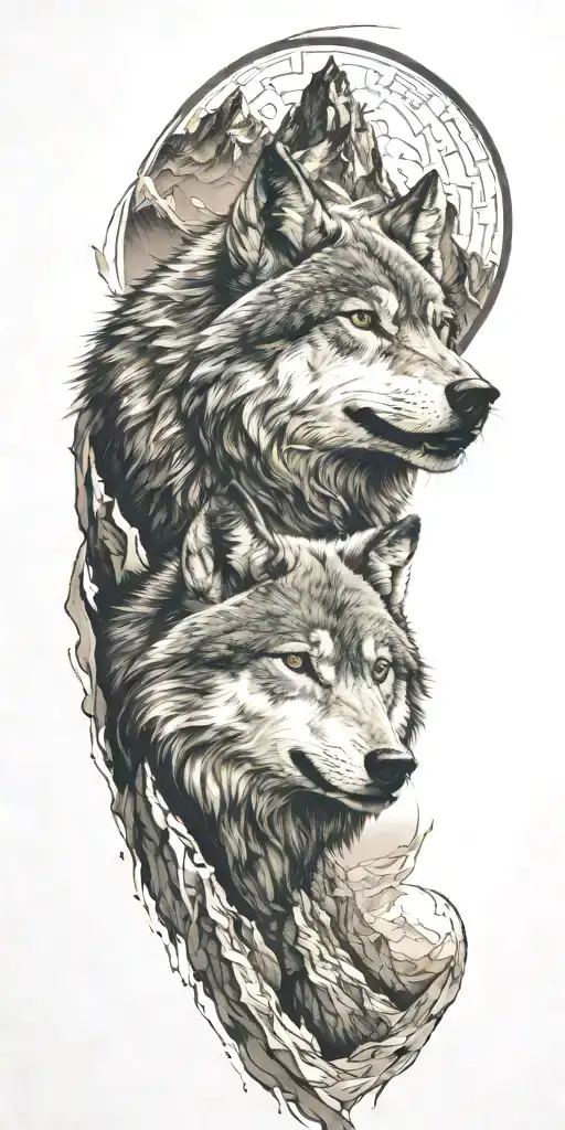 mountain range with wolf head tattoo design idea