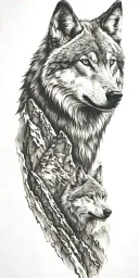 mountain range with wolf head tattoo design idea
