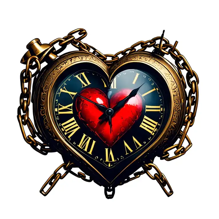 "Mélanie" clock heart chains tattoo design idea