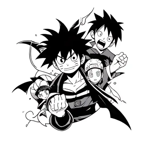 Tatto template for an animetic. Characters Exoida, Yugi, Naruto, Luffy, Glurak, tattoo design idea
