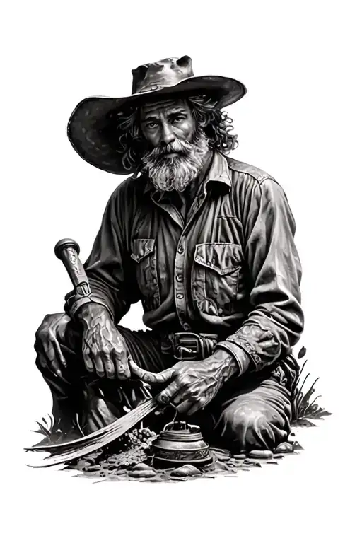 old gold miner scene black smooth shading tattoo design idea