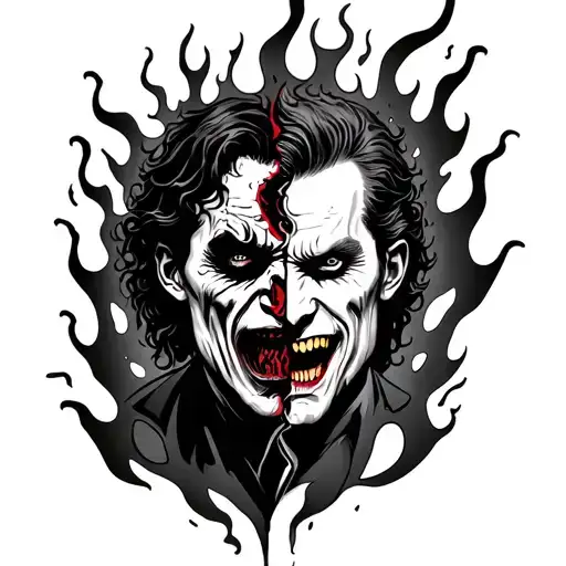 jekyll and hyde split face engulfed in flames, hyde has flesh missing tattoo design idea