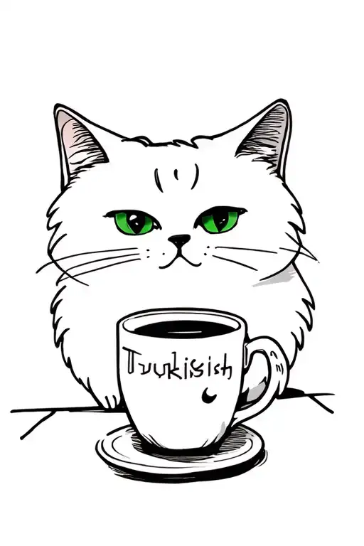 a minimal line tattoo of a white fluffy cat with green eyes with a tiny turkish coffee in front on table  tattoo design idea