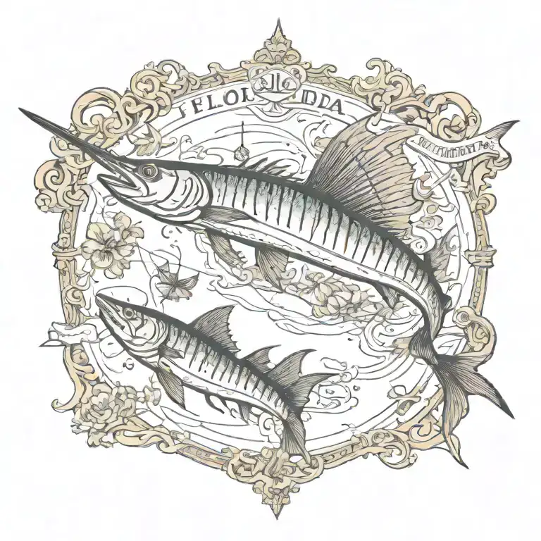 Florida map with sailfish and lobster tattoo design idea