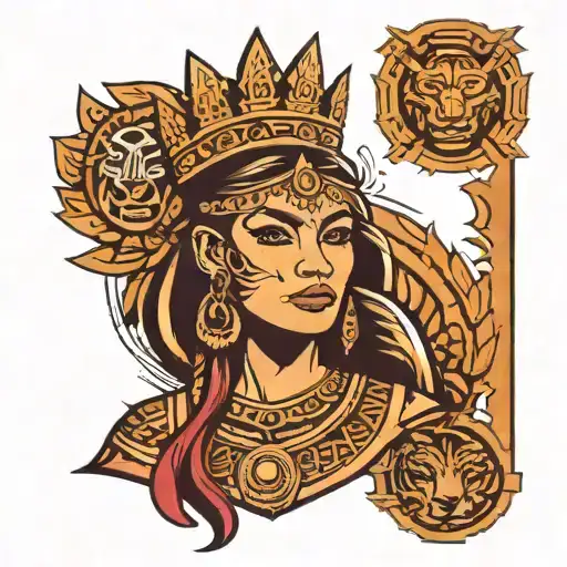 Design a tattoo featuring the face of an Aztec queen wearing a majestic crown inspired by Aztec patterns. Keep the desig tattoo design idea