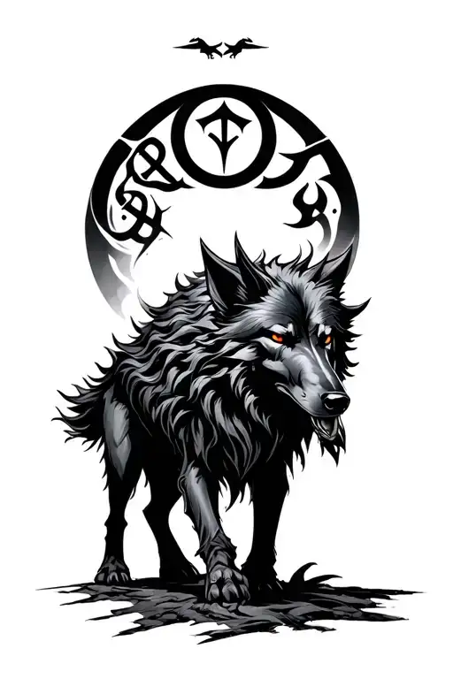 black fenrir large walking forward runes above head tattoo design idea