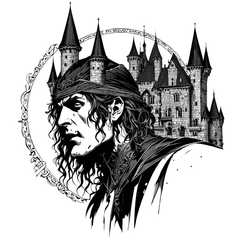 vampire gothic cyber sigilism castle with alucard sideview from castlevania tattoo design idea