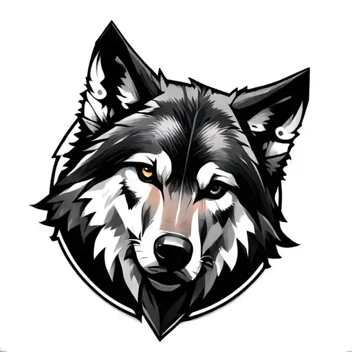 circle with a wolfs head in the middle, simplistic artstyle, black and grey, no details. geometrical  tattoo design idea