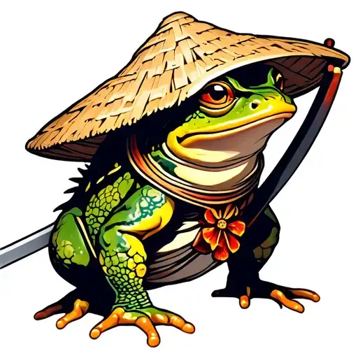 japanese samurai frog wearing straw hat and has sword tattoo design idea