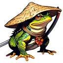 japanese samurai frog wearing straw hat and has sword tattoo design idea
