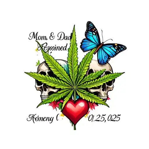 "Mom & Dad rejoined 01/25/2025" a memorial tattoo incorporating a cannabis leaf,  butterflies, a skull, and hearts tattoo design idea