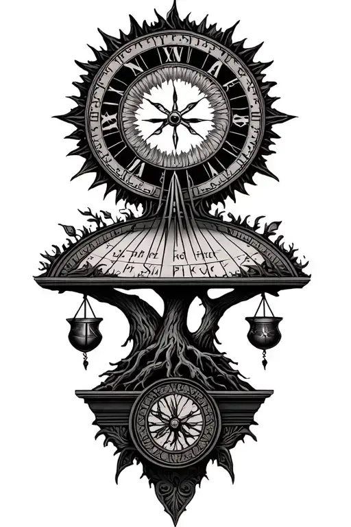 gothic tree of life, libra scale, old sun dial symbolizing the client's tattoo design idea