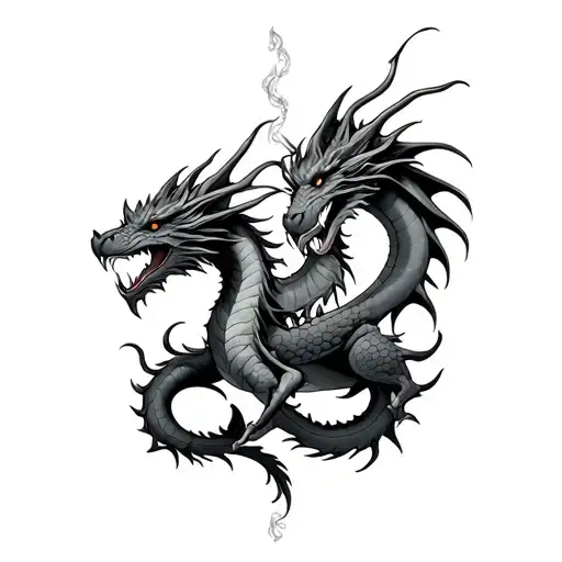 Two dragons intertwined with a head on each shoulder and bodies on upper back tattoo design idea
