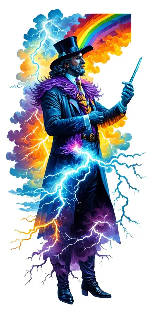 rainbow, magician, storm clouds with lightning tattoo design idea