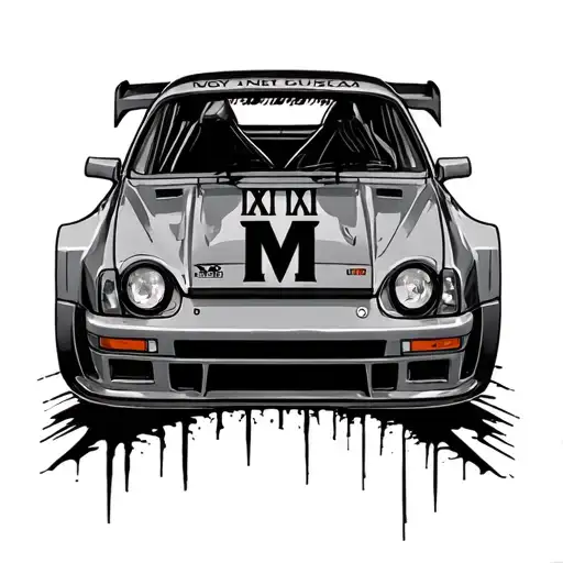 Drift Car with Letter M and Roman numerals tattoo design idea