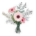bouquet of birth flowers. two from each month. use the months of december, november, and march. The bouquet is tied with tattoo design idea