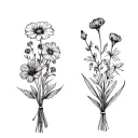 bouquet of birth flowers. two from each month. use the months of december, november, and march. The bouquet is tied with tattoo design idea