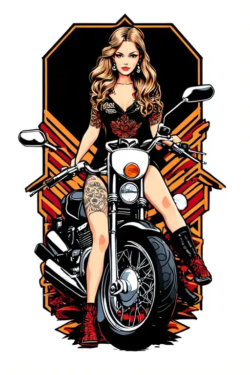 Pin up girl sitting side saddle on a motor bike covering up corporal chevrons tattoo design idea