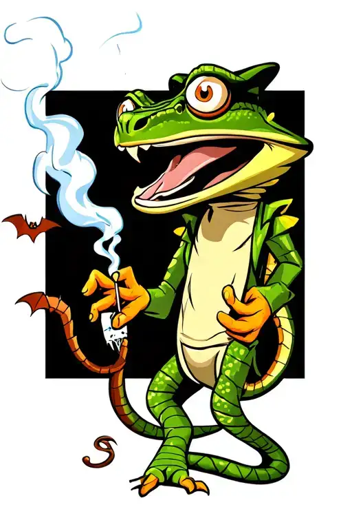 cartoon character rango smoking joint smoke turning to bats.  rattlesnake biting arm looks like needle tattoo design idea