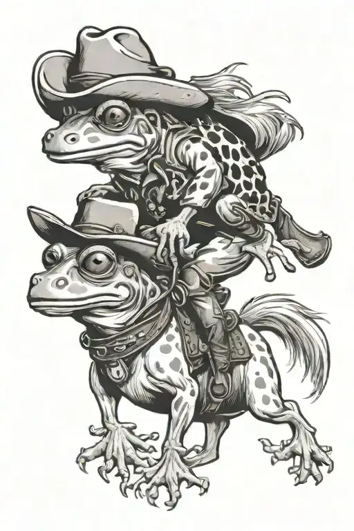 A frog wearing a cowboy hat and riding a dog as a horse.  tattoo design idea