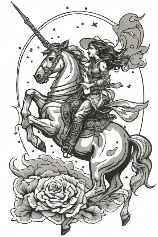 capricorn constellation above cowgirl on horse galloping tattoo design idea