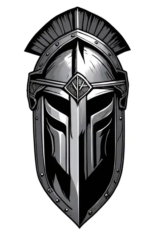 spartan helment,scar on rigth eye feom the head to the mout ,sword,shield and spear tattoo design idea