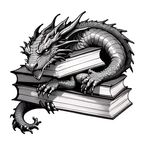 dragon sleeping on books fairy style tattoo design idea