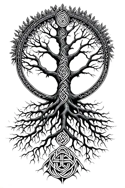 tree of life with roots as endless knot all inside a circle of life tattoo design idea