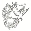 phoenix with open wings, fire and cherry blossoms wrapped tattoo design idea