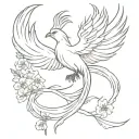 phoenix with open wings, fire and cherry blossoms wrapped tattoo design idea
