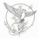 phoenix with open wings, fire and cherry blossoms wrapped tattoo design idea