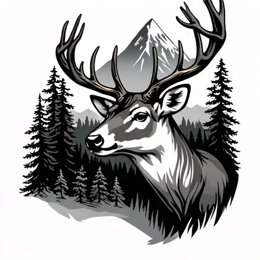 deer head outline with realistic pine trees and mountain inside tattoo design idea