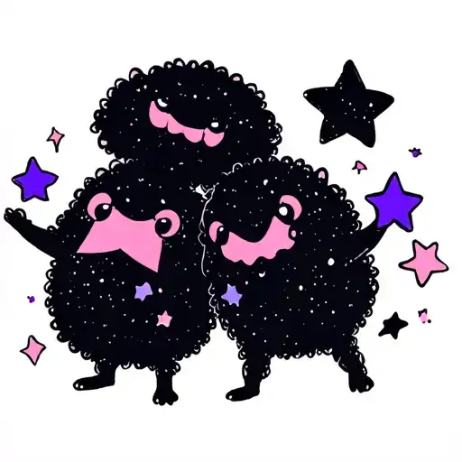 two studio Ghibli soot sprites holding pink and purple stars tattoo design idea