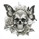 skull and roses and butterflies surround and the name Chasity   tattoo design idea