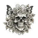 skull and roses and butterflies surround and the name Chasity   tattoo design idea