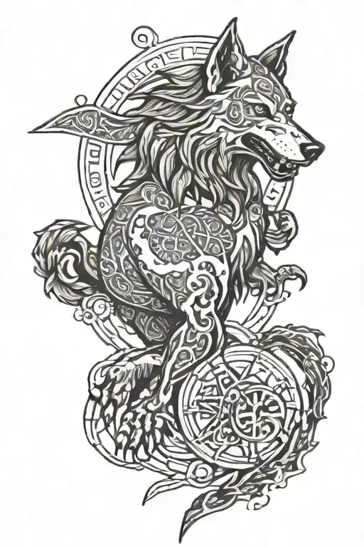 fenrir with gemini zodiac and runes tattoo design idea