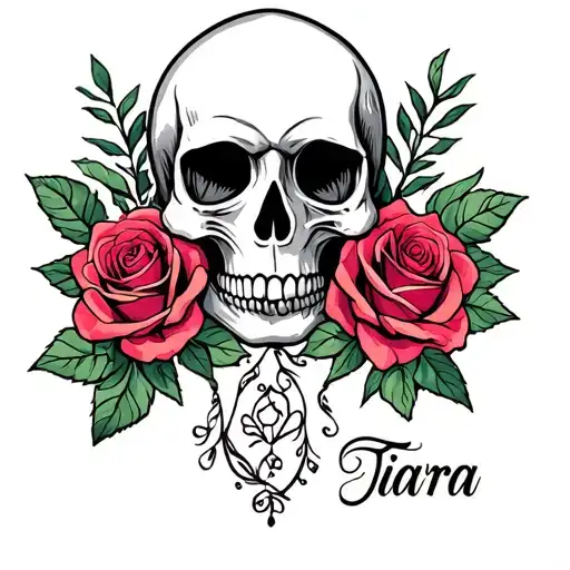 skull and roses with name tiarra tattoo design idea