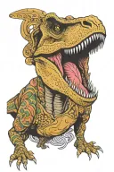 T. rex with the name Evelyn in its mouth open tattoo design idea