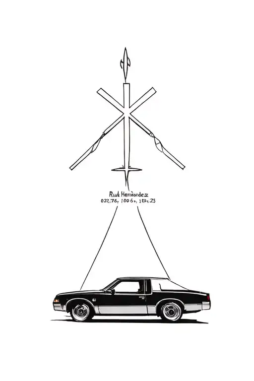 1976 buick lesabre with a cross behind it in memory of Ruben Hernández 06/20/76-10/04/23  tattoo design idea