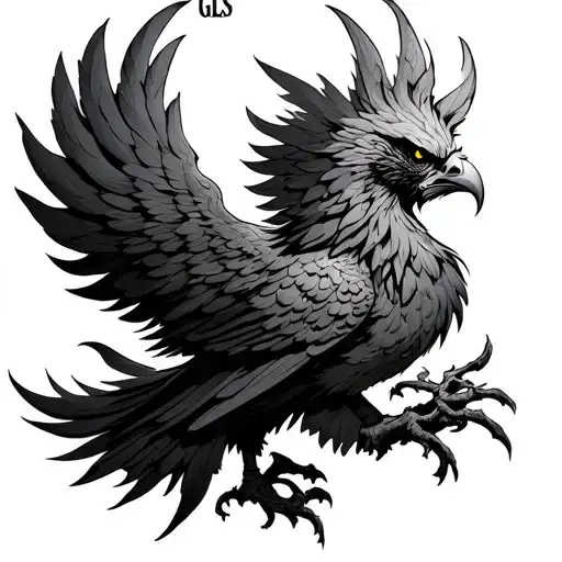 angry aggressive phoenix with the initials GLS tattoo design idea