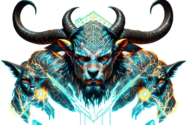 gay male horned satyr with massive bodybuilder muscles, animal companions, nature druid tattoo design idea