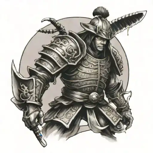 a samurai in armor on the battle field with a Black orchid tattoo design idea