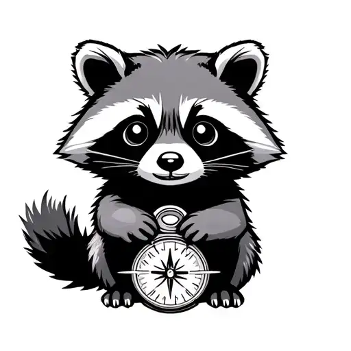 cute racoon sitting holding a compass tattoo design idea