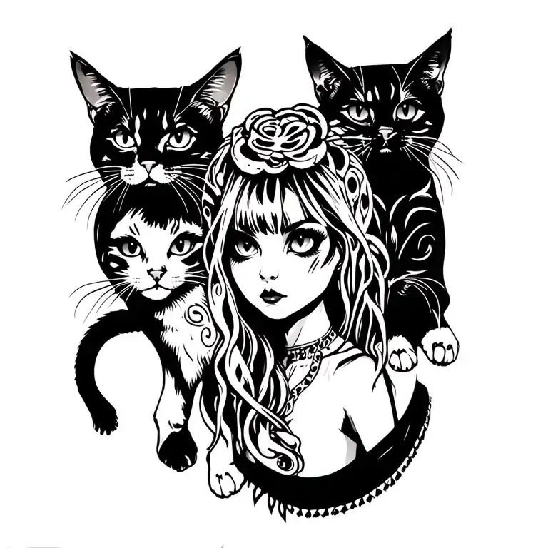 punk rock girl with gang of cats tattoo design idea