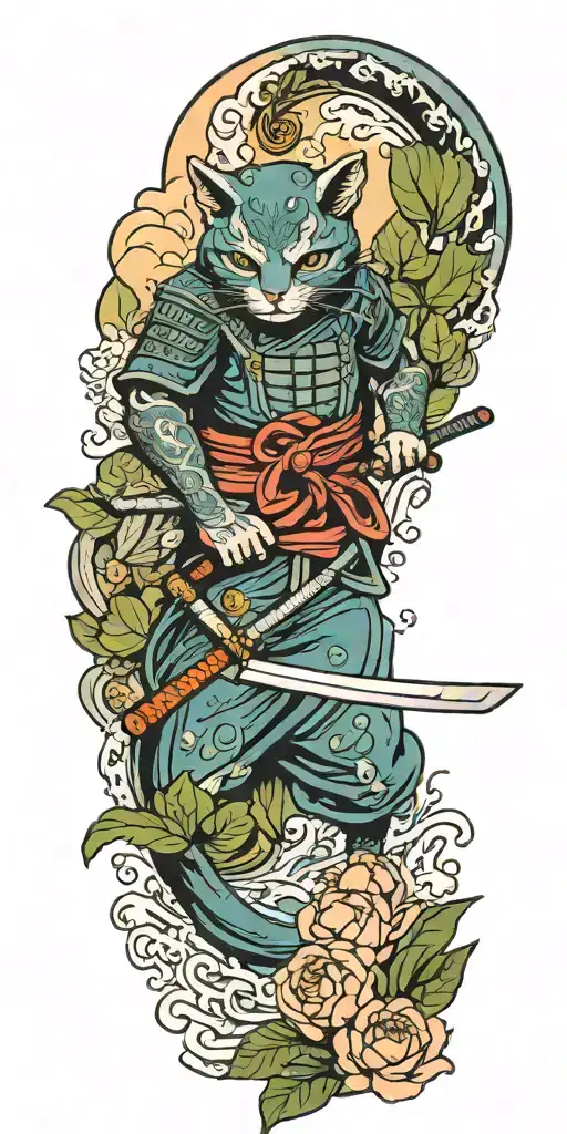 ninja cat holding katana sword, tail, water, waves, lotus, sakura, clouds, whirlpool, leaves, peony tattoo design idea
