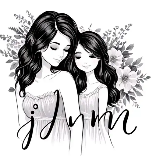 mother with 2 daughters, j and m written in elegant script tattoo design idea