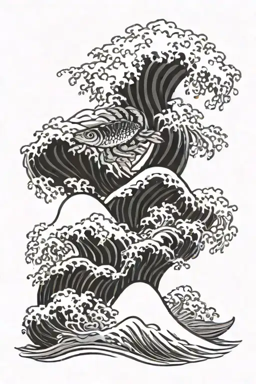 kanagawa wave, cloud, crab, pine, wrasse, surf, seaweed tattoo design idea