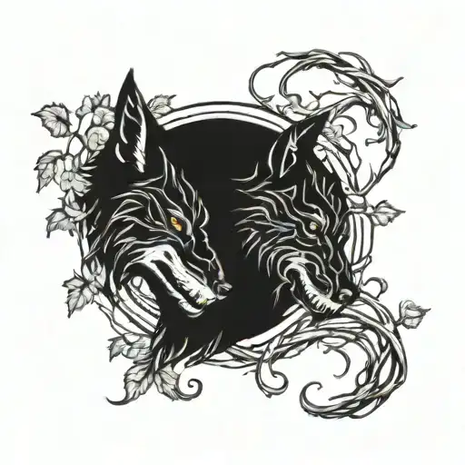 outlines of two black wolves gnawing a human skull entwined with vines tattoo design idea