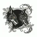outlines of two black wolves gnawing a human skull entwined with vines tattoo design idea