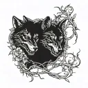 outlines of two black wolves gnawing a human skull entwined with vines tattoo design idea